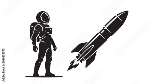 An astronaut in a spacesuit stands next to a rocket launching into space.	
