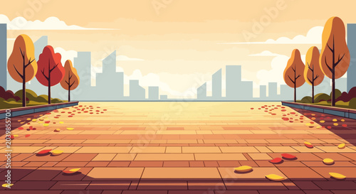 Fotografi Autumn park pathway with cityscape skyline and fallen leaves, flat design