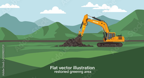 Konstfotografi Yellow excavator digging earth for land restoration and greening project with mo