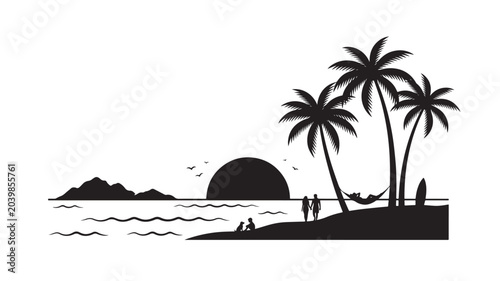 People relax on a tropical beach at sunset with palm trees and ocean waves	beach, 