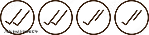 PrintDouble check icon set in circular outline. Message seen symbol. Two tick sign .Set of green and black check marks with single and double ticks in various circular and square shapes
