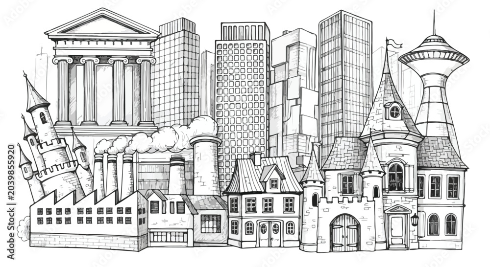 Obraz premium Hand Drawn Cityscape Architecture Vector Illustration Sketch