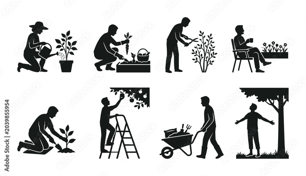 Obraz premium 8 Gardening Silhouette Icons, Flat, for Hobby and Outdoor Activities
