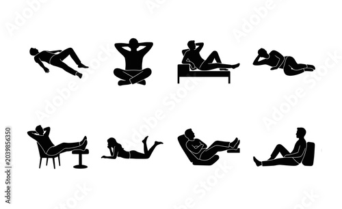 Photos 8 Relaxing Poses Silhouette Icons, Flat, for Leisure and Rest Concepts