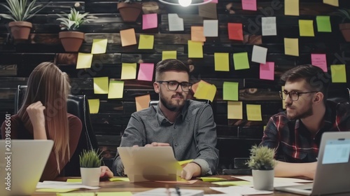 Group of Young Professionals Discussing Ideas in Creative Office Space with Sticky Notes and Potted Plants