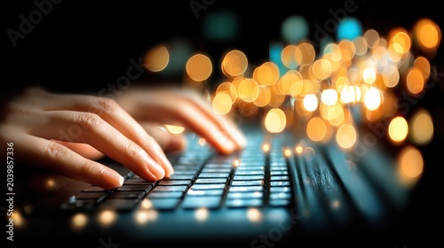 Hands Typing on Keyboard with Bokeh Lights in Dark Environment