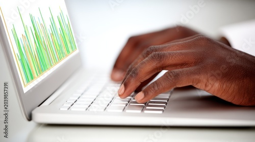 Hands Typing on Laptop Keyboard with Graphical Data Display in Background