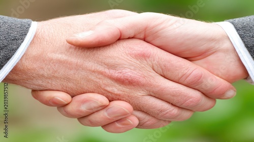 Handshake Between Two People in Formal Attire in Outdoor Setting