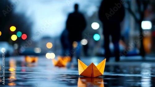 Rainy Cityscape with Paper Boats and Blurred Figures.