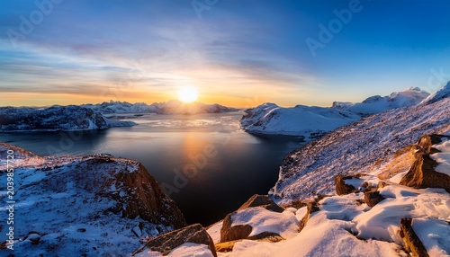 Majestic Winter Rocky Landscape And Lake At Sunset