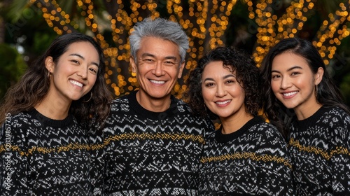 Happy Multigenerational Family Wearing Matching Christmas Sweaters Celebrating Outdoors at Night