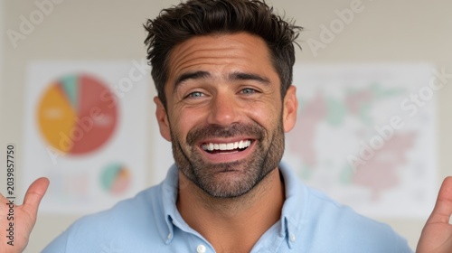 Happy Young Man Smiling Confidently in Office with Charts and Maps in Background