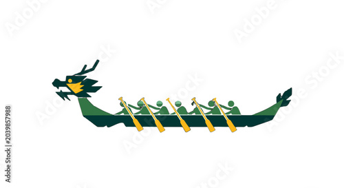 Traditional Chinese Dragon Boat Illustration With Rowers Inside.