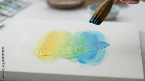 Artist Painting Abstract Watercolor Wash, Blue Yellow Green Art