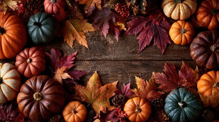 A vibrant, colorful autumn leaf and pumpkin flat lay creating a festive border around a central blank space on a rustic wooden background