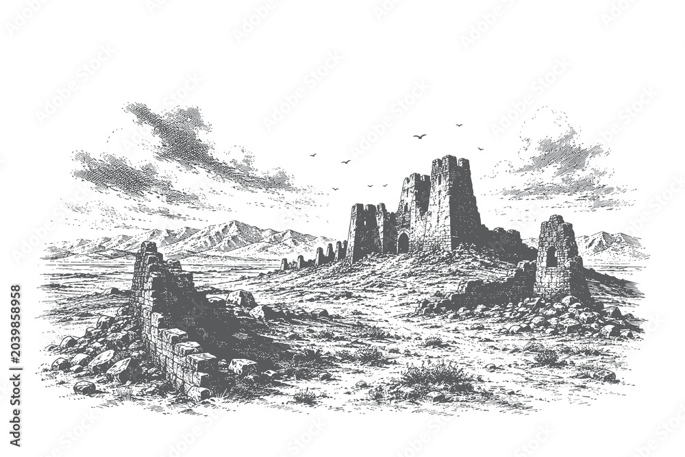 Fototapeta premium Antique line art vector illustration of medieval castle ruins and crumbling fortress walls across a historic landscape setting