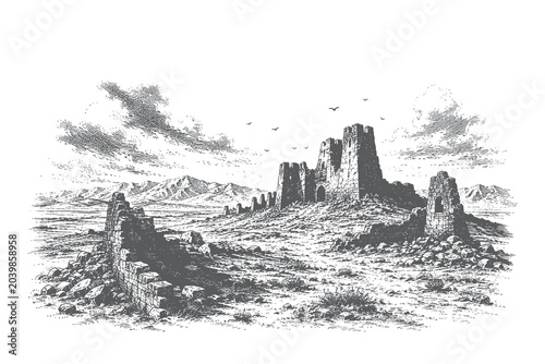 Antique line art vector illustration of medieval castle ruins and crumbling fortress walls across a historic landscape setting