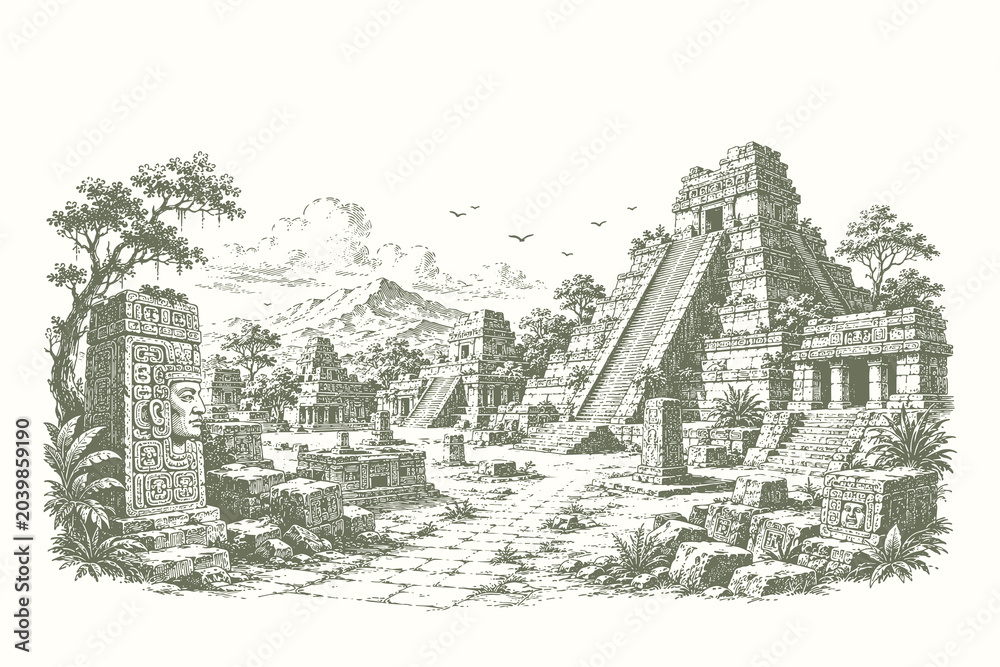 Fototapeta premium Antique engraving style vector illustration of a Mayan temple city with carved monuments and ancient architectural remains