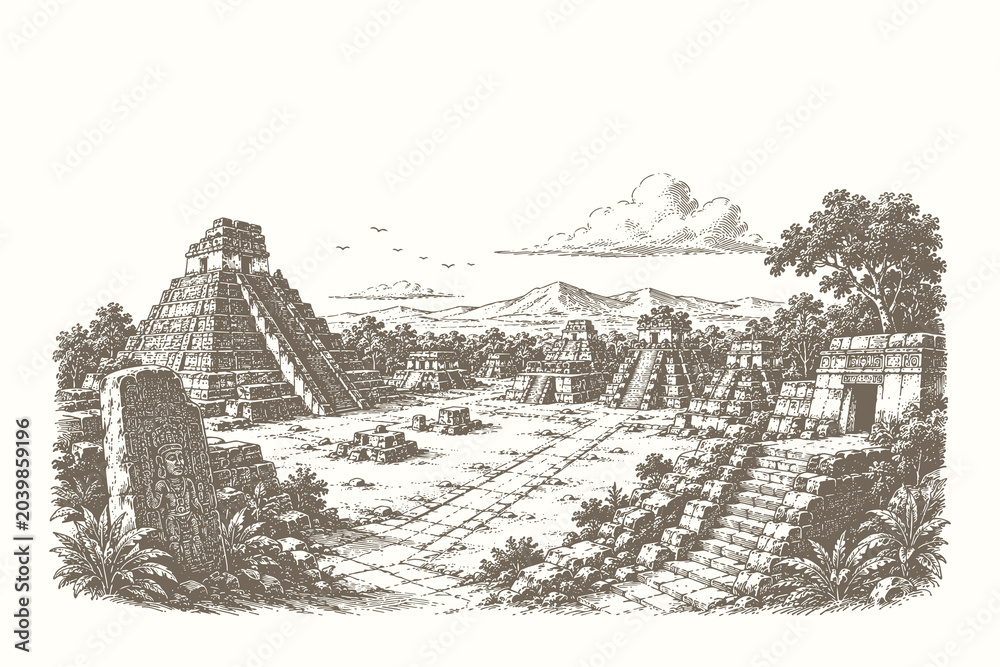 Fototapeta premium Detailed line art vector illustration of ancient Mayan pyramids and ceremonial grounds in a historic archaeological landscape