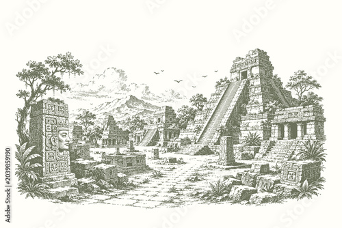 Cuadro en lienzo Antique engraving style vector illustration of a Mayan temple city with carved m