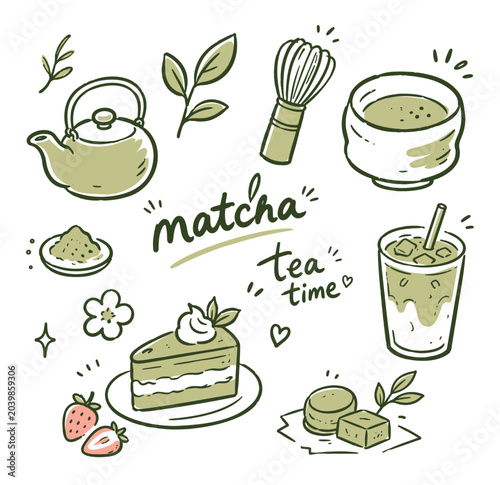 Matcha tea Doodle Vector Illustration Set. Green Tea Drinks and Desserts Hand Drawn Icons.