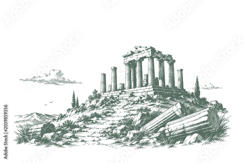 Fotografia Vintage engraving style vector illustration of a classical Greek temple atop a h