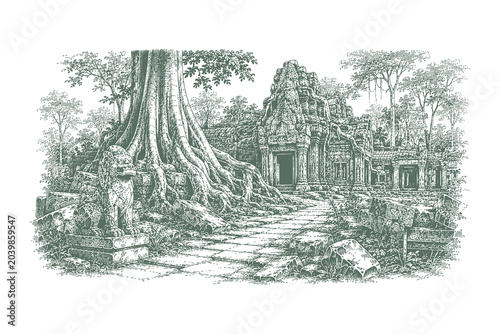 Fotografie Antique engraving style vector illustration of jungle temple ruins entwined with
