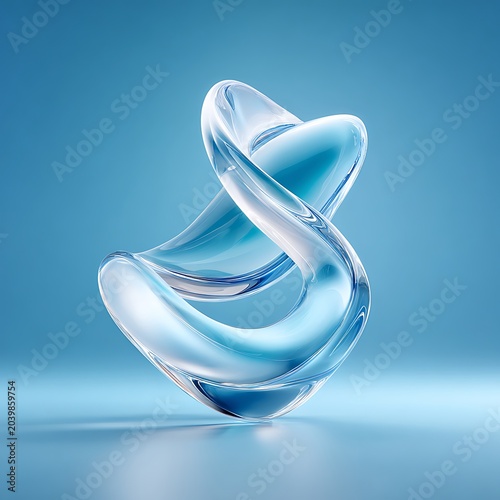 Abstract transparent 3D glass sculpture twisting with fluid organic curves and glossy light reflections isolated on a smooth soft blue studio gradient environment
