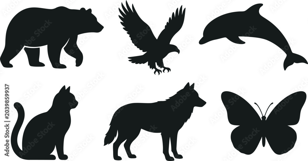 Obraz premium Silhouettes of various animals including bear, eagle, dolphin, cat, wolf, and butterfly in profile against a white background.