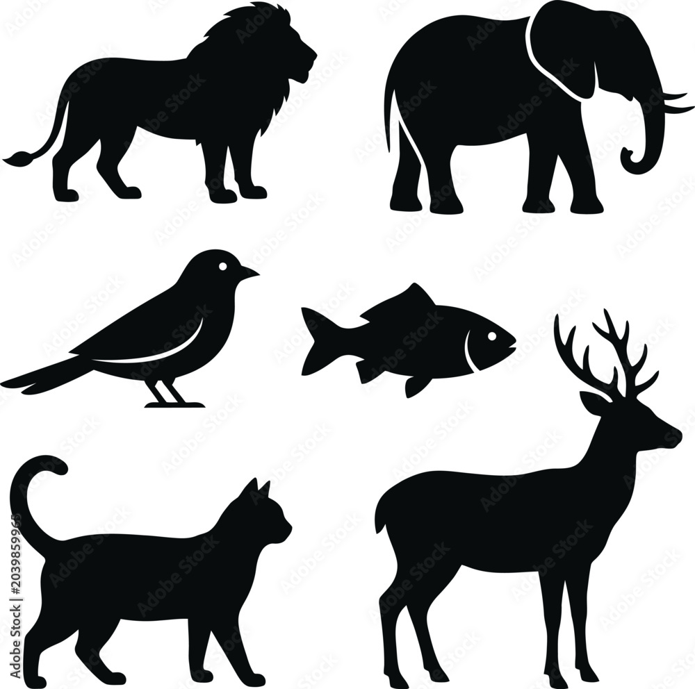 Fototapeta premium A collage of six animal silhouettes including lion, elephant, bird, fish, deer, and cat.