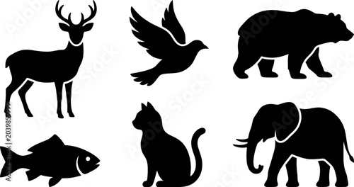 Various animal silhouettes including deer, bird, bear, fish, cat, and elephant