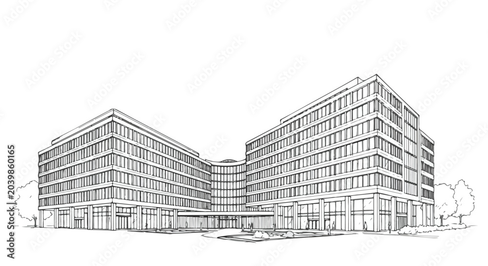 Fototapeta premium Modern office building architectural line art vector illustration