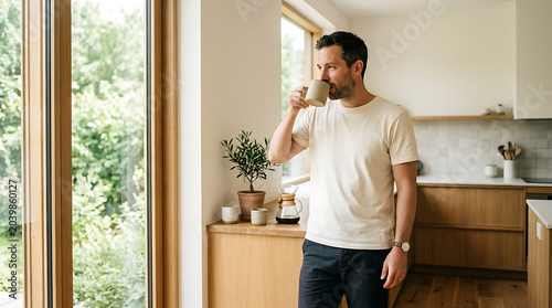 Man standing in a modern bright kitchen with wooden interior drinking a hot beverage and looking through the window at the garden, peaceful home life.
