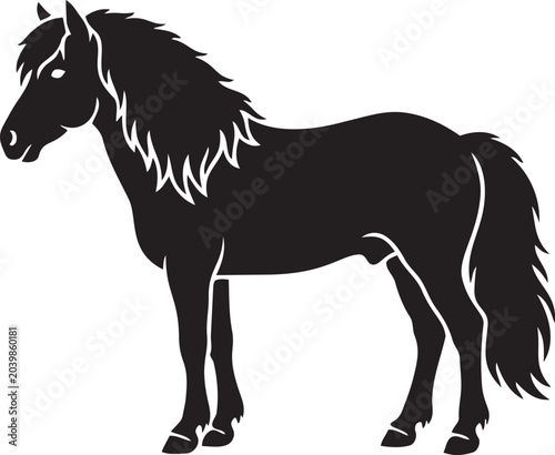 Black silhouette of a majestic Icelandic horse a powerful equine breed with a flowing mane and tail isolated on a white background for graphic design
