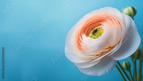 Ranunculus Flower With Soft Petals Against A Light Blue Background Banner Copy Space