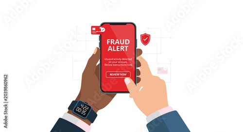 Human hands holding a smartphone screen showing an urgent fraud alert notification with a transaction review button in a clear digital interface with red warning.