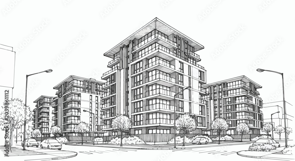 Fototapeta premium Modern Apartment Building Architectural Sketch Vector Illustration