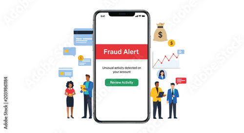A digital smartphone screen displays a prominent red fraud alert banner while surrounded by diverse professional characters against a soft off-white studio background setting.