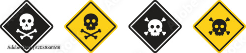 Фотография Four yellow warning signs with black skull and crossbones symbols vector illustr
