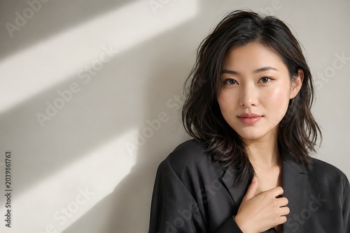 Elegant East Asian Woman Portrait with Natural Light Shadows for Professional Business Content