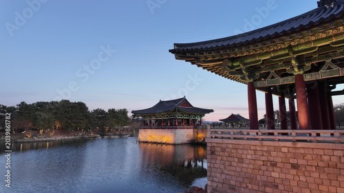 Donggung Palace and Wolji Pond Illuminated at Dusk in Gyeongju, South Korea