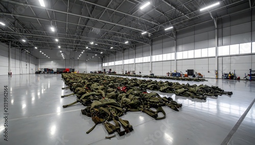 Military parachutes and harnesses laid out in a large hangar, prepared for airborne operations and deployment.