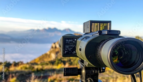 Military rangefinder binoculars displaying digital targeting information on a mountain peak