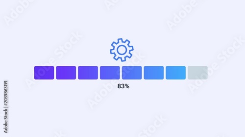 Animated settings progress indicator with gear icon, segmented loading bar, and percentage display. Clean flat motion graphic for system configuration, software setup, processing, and digital workflow
