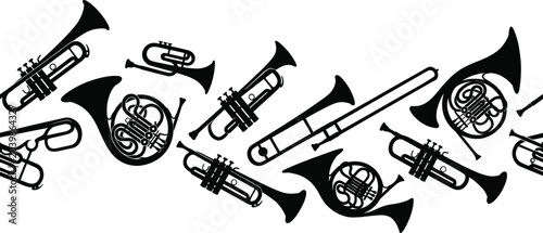 Foto Seamless border pattern of brass musical instruments including trumpets, french