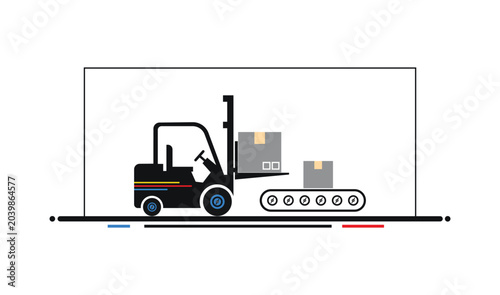 Forklift loading cardboard boxes onto a warehouse conveyor belt with forklift