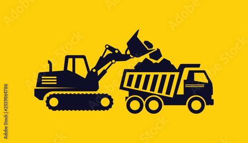 Canvas-taulu Heavy construction excavator loading a dump truck with excavator, construction