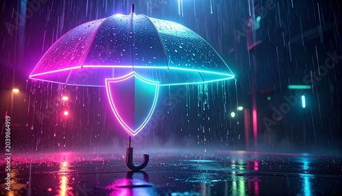 Transparent umbrella glows with neon resilience, shield radiating digital protection; rain and mist merge with cyberpunk light, symbolizing security, endurance, and transformation in modern realms.
