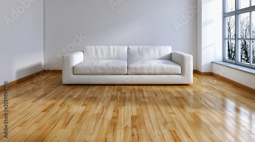 Spacious contemporary living room featuring a minimalist white couch and polished light hardwood floors in a bright, sunlit modern interior.