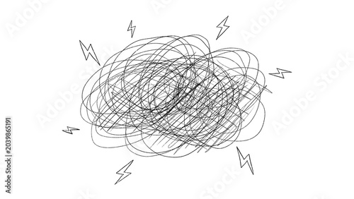 Messy scribble cloud with lightning bolts, abstract line art concept on transparent background. A chaotic tangled scribble cloud surrounded by hand-drawn lightning bolt icons.
